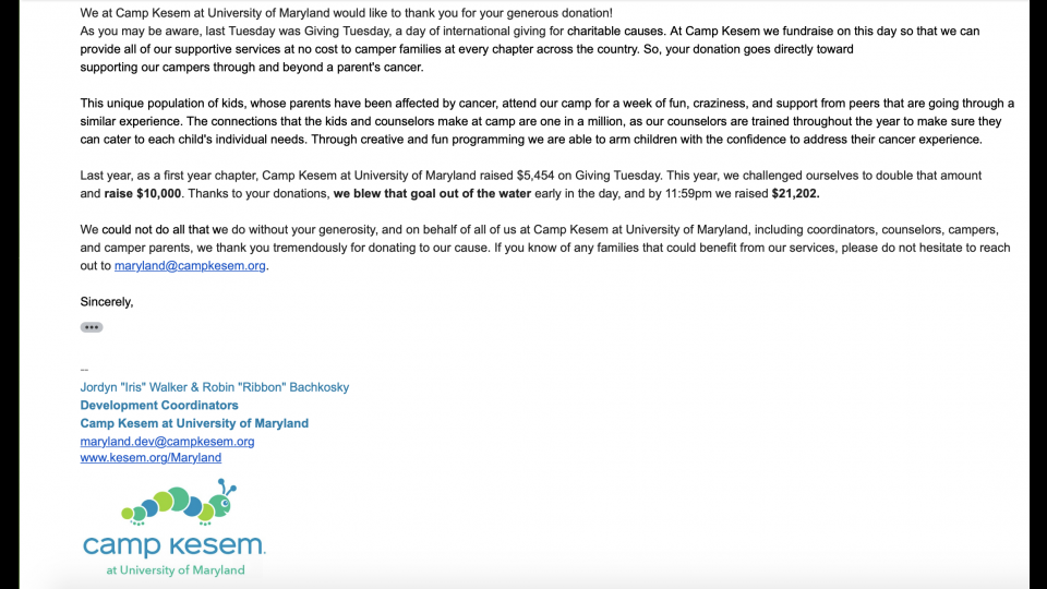 Camp Kesem Thank You Email Portfolium