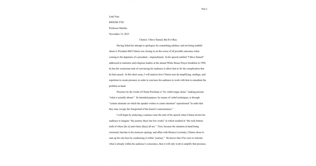 Essay Paper Writing Good High School Essay Examples also Essay On Business Bill Clinton I Have Sinned But Its Okay Portfolium Examples Of An Essay Paper