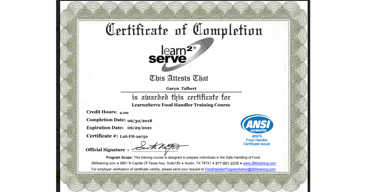 Food Handlers Certification Portfolium