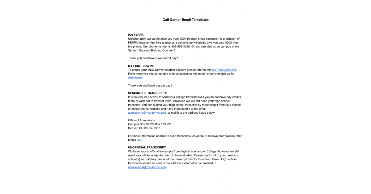 email template for call center